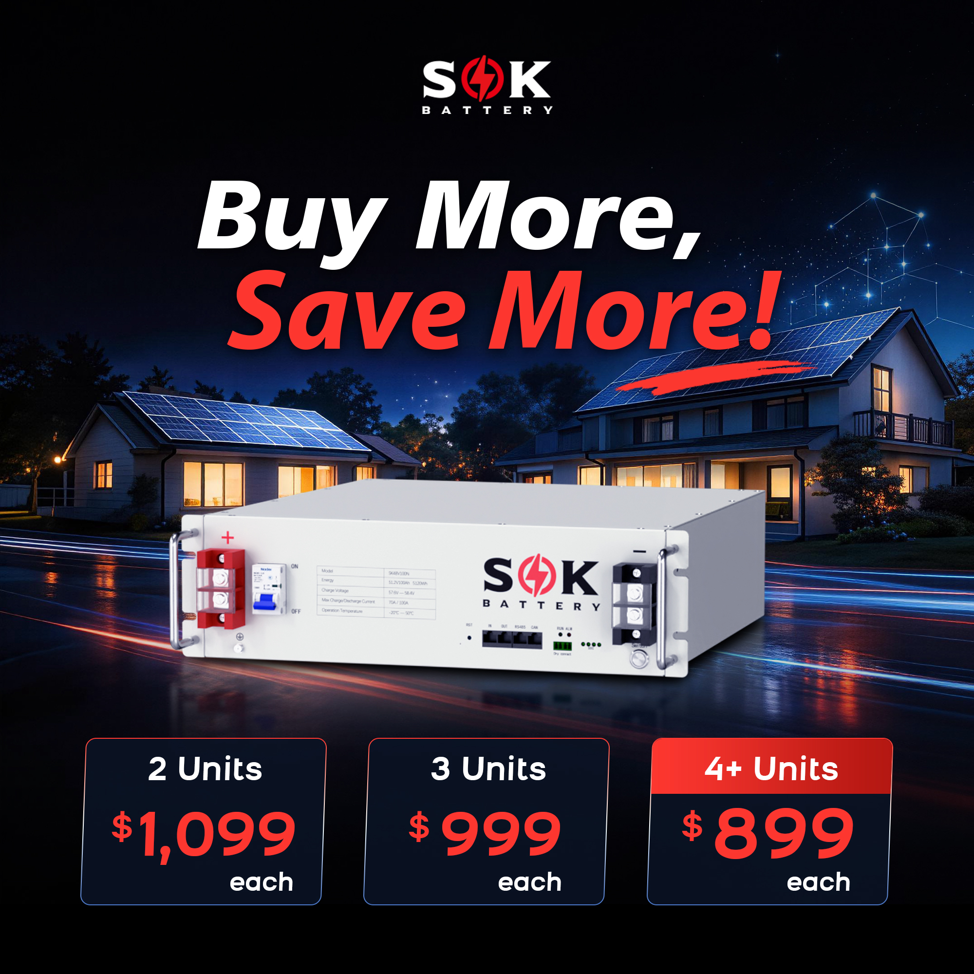 SOK SK48V100N 51.2V 100Ah 5.12kWh Server Rack LiFePO4 Battery