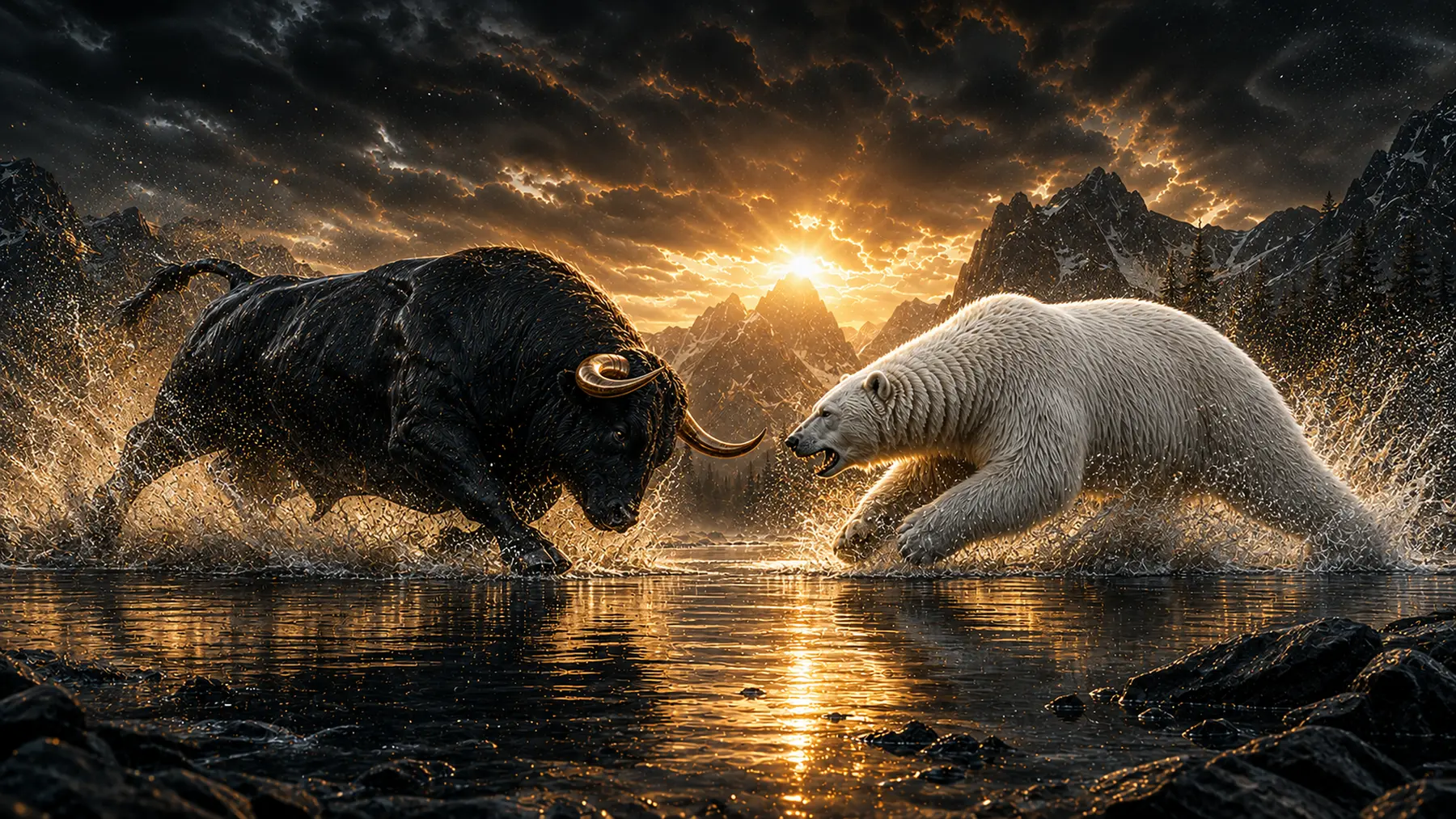 A massive black bull and hungry white polar bear charging toward one another through mountain water beneath a golden storm