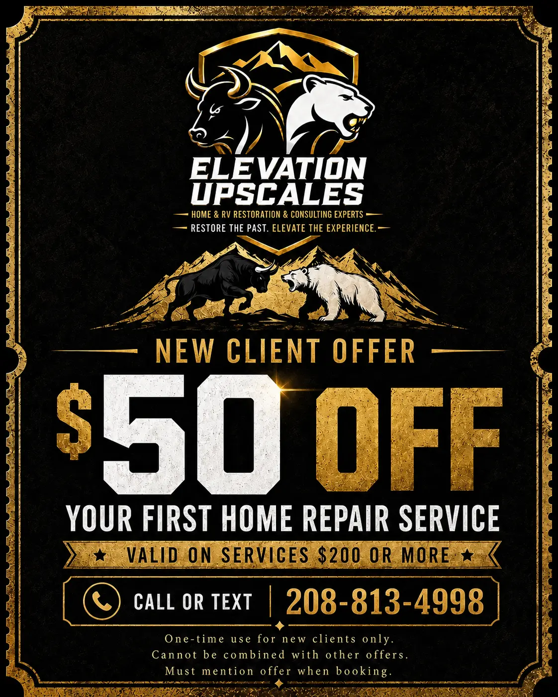 $50 off first home repair service coupon for new Elevation UpScales clients. Call or text 208-813-4998.
