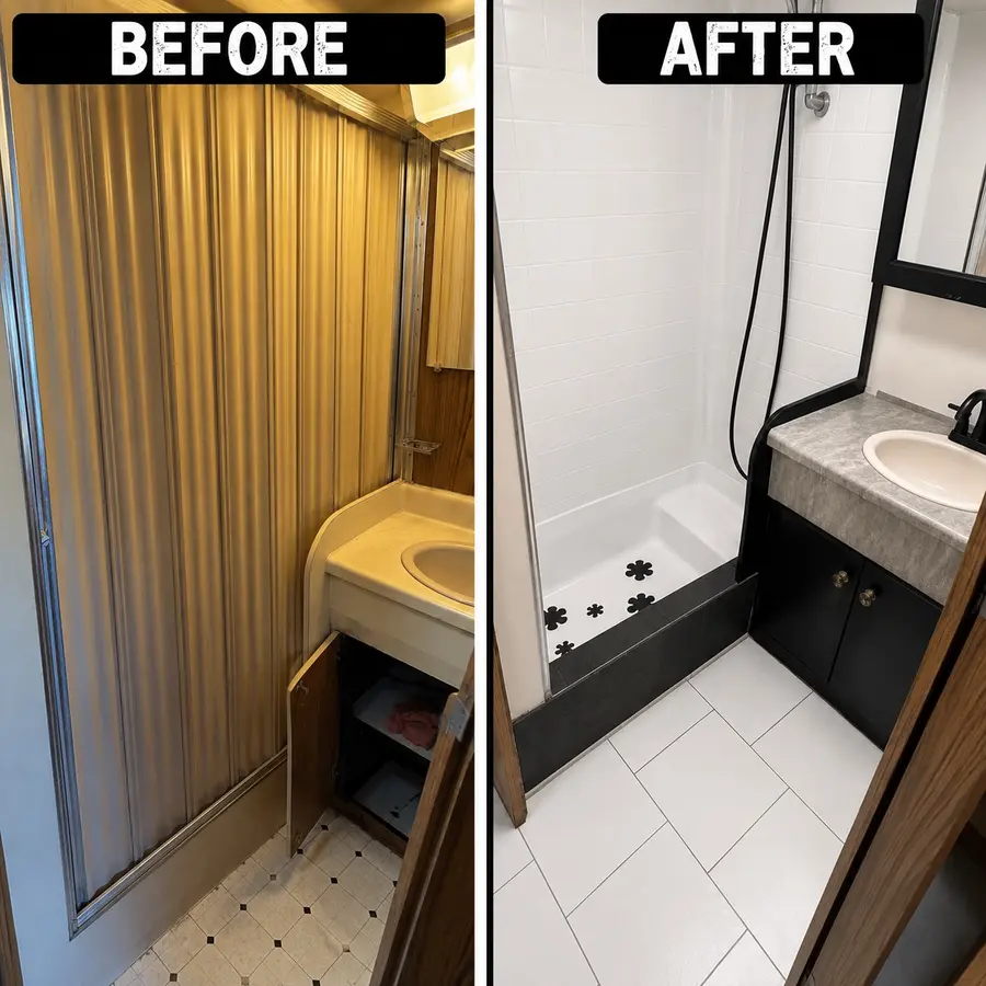 Before and after of a compact RV bathroom renovation