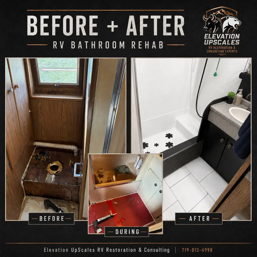 Before, during, and after views of an RV bathroom rehabilitation