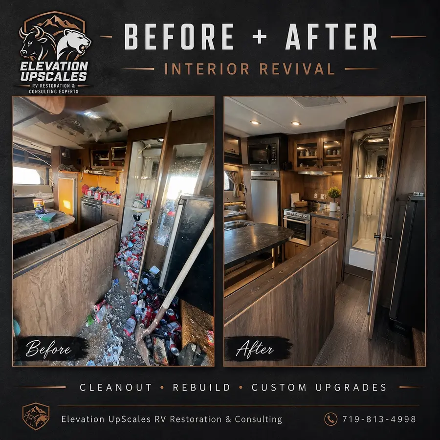 Before and after of an RV interior cleanout and complete revival