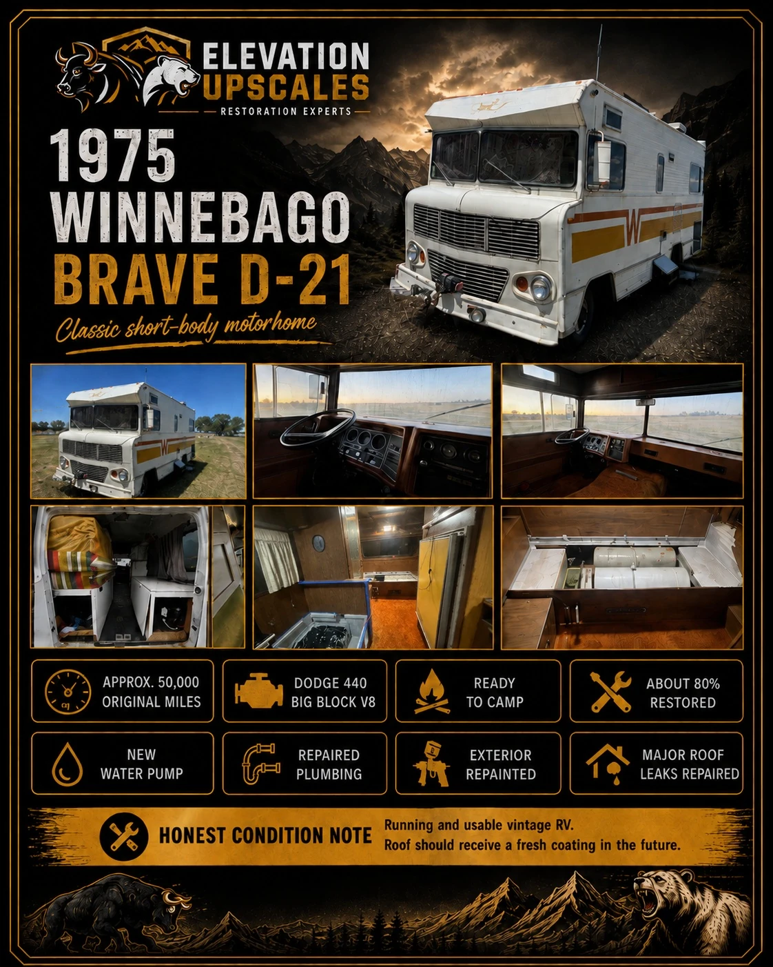 1975 Winnebago Brave restoration and features layout